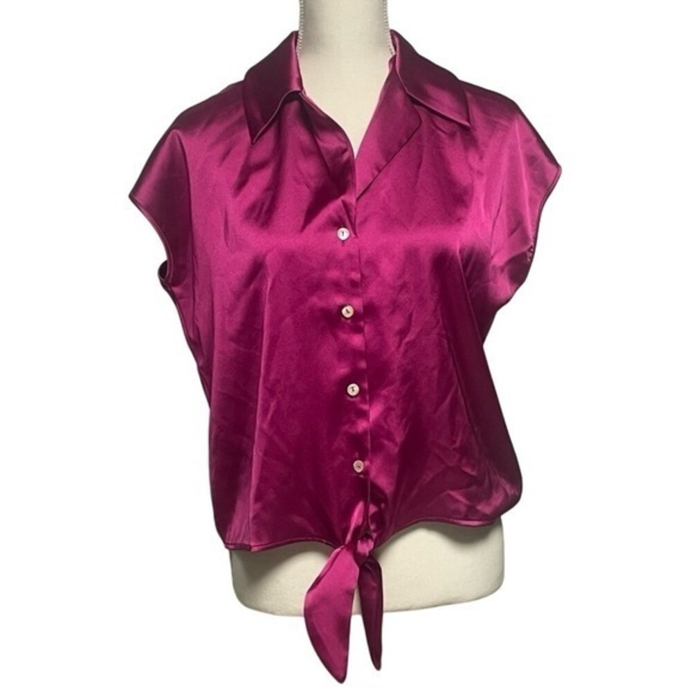 Rachel Zoe  Relaxed Cropped Satin Raspberry Tie Front Blouse Women's Small